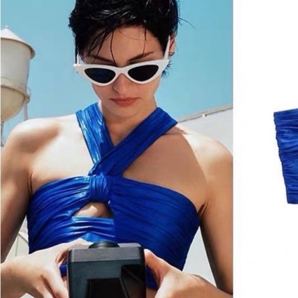 Zara Blue Ruched Crop Top Size S - Picture 2 of 6